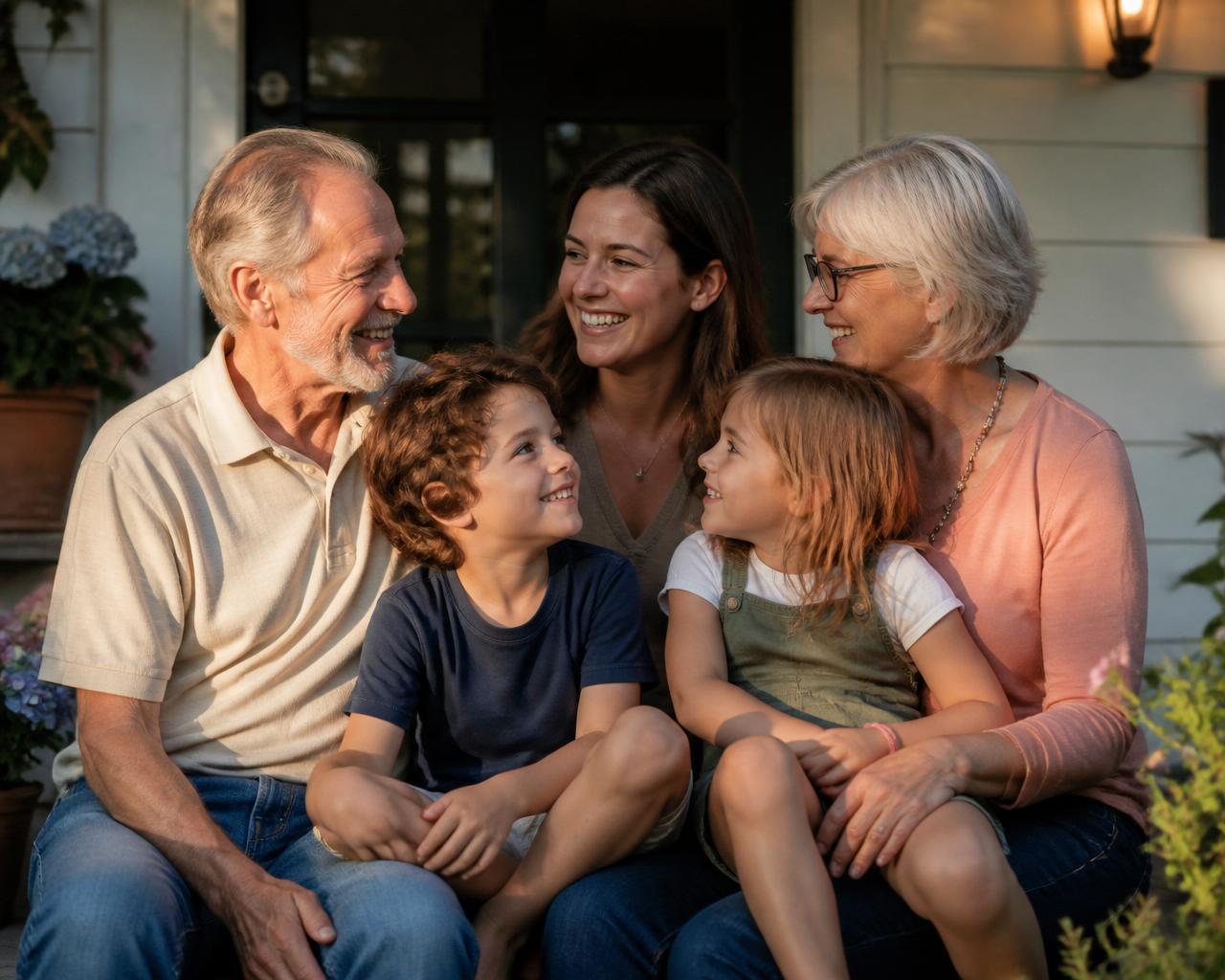 A happy multigenerational family smiling together on a front porch